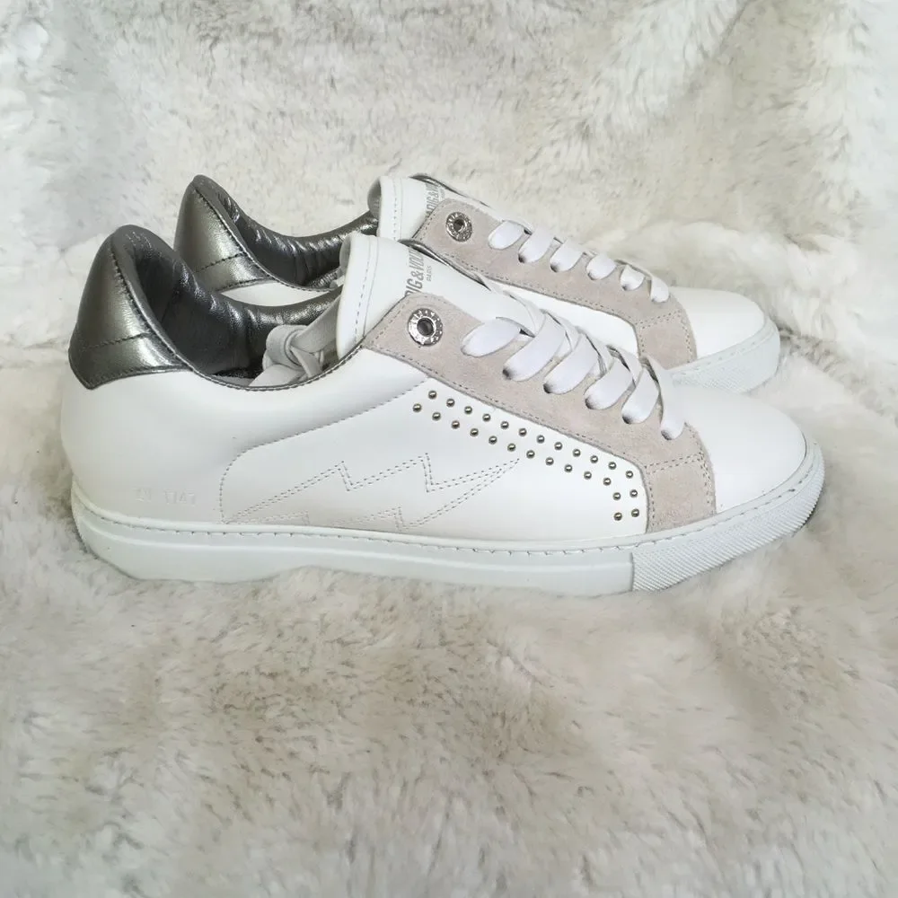 NEW ZADIG & VOLTAIRE White Leather Lightning Bolt Studded Sneakers Size 10